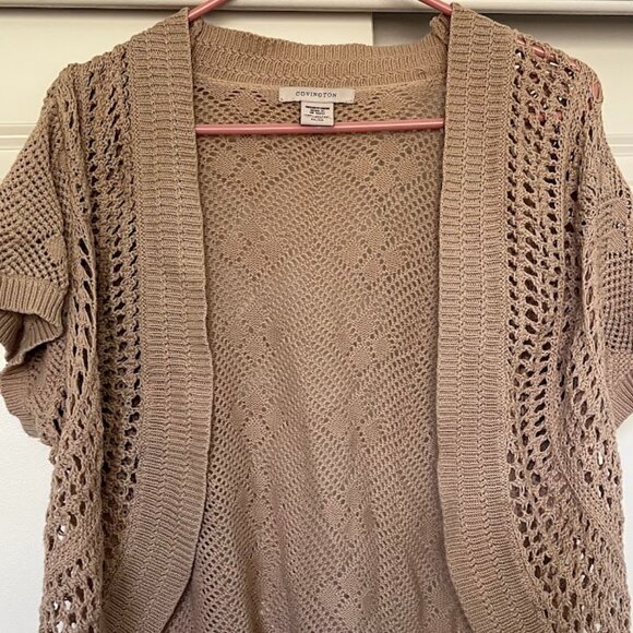 Covington Brown Tan Crochet Short Sleeve Cardigan Sweater Size XL - Picture 1 of 6